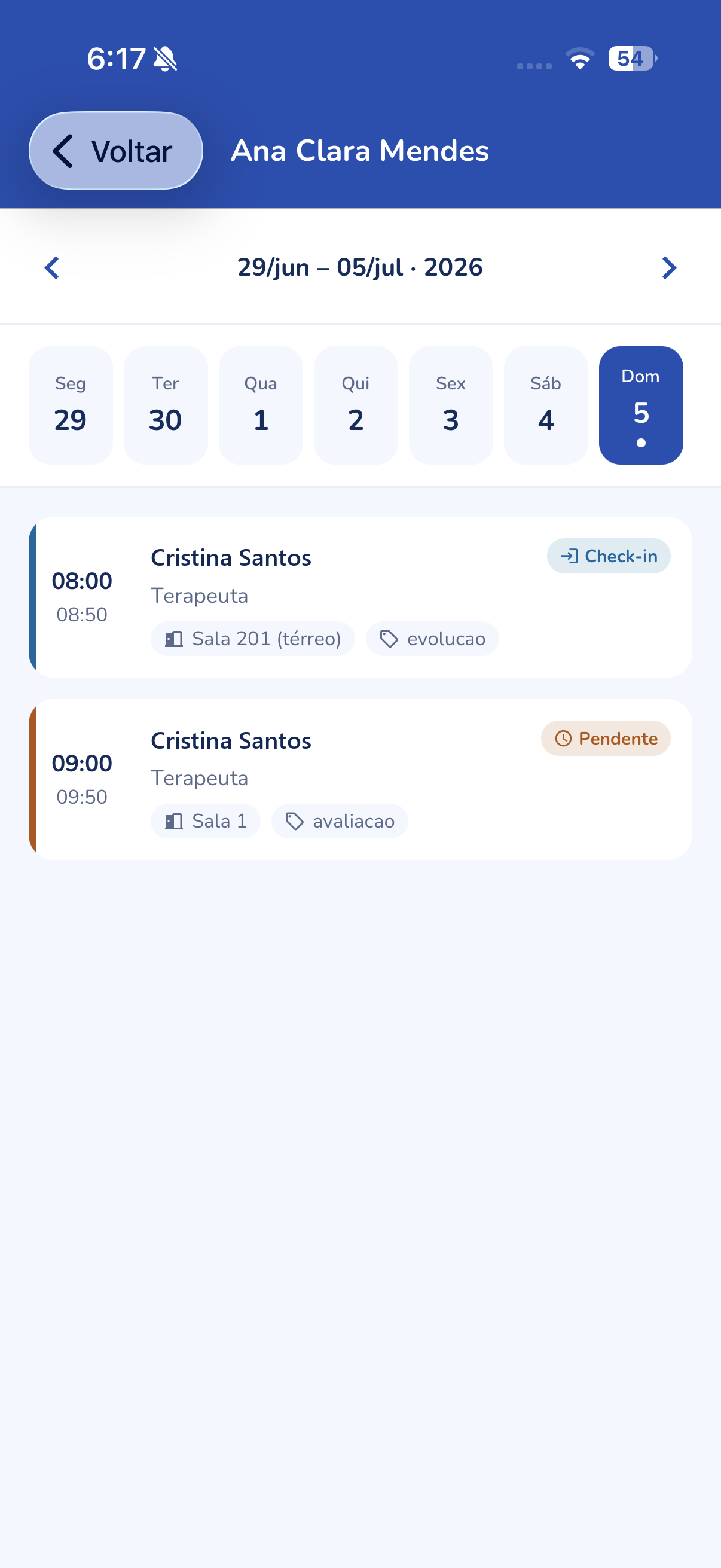 Tela de agendamento do DudiConecta com a semana e as sessões do dia